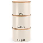 EHC Tea, Coffee, Sugar, Canister Set, Set of 3 Stackable Airtight Food Storage Easy to Open Storage Cansiters Jars Tin, Cream