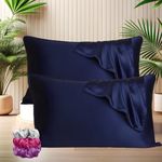 SITTELLA® Set of 4 Satin Silk Pillow Cover and 6 Free Scrunchies with Envelope Closure End and Design, Soft Silk Pillow Case for Hair and Skin (Navy Blue)