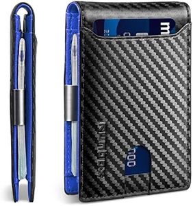 RUNBOX Slim Wallets for Men - Leather Money Clip Mens Wallet - RFID Blocking Front Pocket Bifold Wallet - Minimalist Credit Card Holder with Gift Box, Carbon Black&Blue, medium, Minimalist