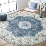 MUJOO Blue Round Rug 6ft,Circle Washable Area Rugs for Bedroom Living Room Bathroom,Boho Large Non Slip Circular Carpet,Floral