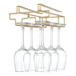 Wine Glass Rack Under Cabinet, Drilling Free No Screw Steamware Holder Under Shelf Metal Wine Glasses Holders 304 Stainless Steel Hanger Storage Organizer Hanging Glass Fit for Bar Kitchen 2 Rows Gold