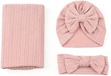 QandSweet Newborn Receiving Blanket Headband Hat Set Baby Swaddle swaddling Blanket (Pink)