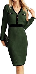 GRACE KARIN Abito Casual da Donna con Scollo a V, Aderente, Lavorato a Maglia, con Bottoni, Invernale, Midi, Verde Militare L