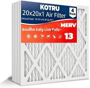 Kotru 20x20x1 Air Filter MERV 13 (4-Pack) Electrostatic Pleated HVAC Heater Filter Effectively Filters Dust, Pollen, Pet Dander (Actual Size: 19.5x19.5x0.75 inches)
