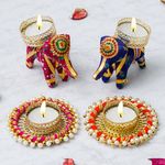 Craftasia Diwali Tealight Candle Holder Stand Set of 4 - Diwali Decoration Items for Home Decor Diyas Indoor Outdoor Office Gifting-Diwali Gift (2 Elephant 2 Rings)