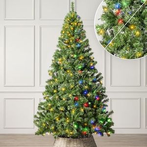 Christow Pre-Lit Artificial Christmas Tree 7ft with Dual-Colour LED Lights (Switch from Warm White to Multi-Coloured, Aspen Spruce, Bushy PVC Tips, 11 Modes – Colour Changing, Timer, 122cm Diameter