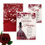 DreamBuilt 4.7X7 Inch 50PCS Blank Laser Cut Red Wedding Invitations with RSVP Cards and Envelopes and Ribbon Belly Band Pearl Embellishments Wedding Invitation Cards for Wedding Invite