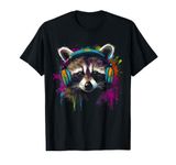 Raccoon Music Headphones Colourful Animal Motif Art Raccoon T-Shirt