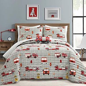 Lush Decor Fire Truck Quilt 4 Piece Set, Full/Queen, Red & Gray - Reversible Stripe Print Bedding Set for Kids Room