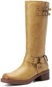 DREAM PAIRS Women's Knee High Boots Side Zipper Motorcycle Boots Square Toe Chunky Low Heel Fashion Buckles Biker Riding Boots,Size 6,Yellow,SDKB2412W