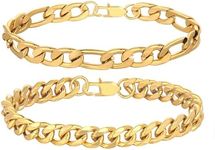 RLMOON 2Pcs Stainless Steel Bracelets for Men Gold Silver Cuban Link Figaro Rope Chain Bracelet Set Curb Width Sturdy Bracelet 7.5/8.3/9 Inches Jewelry Gifts for Dad Boyfriend Husband
