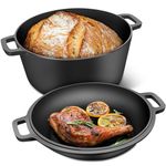 RAINBEAN 2-in-1 Pre-Seasoned Cast Iron Dutch Oven Pot with Skillet Lid Cooking Pan,5.5 QT Dual Handles Dutch Oven Pot with Lid,Heavy-Duty Non-stick Round Dutch Oven for Bread Baking, Stewing, Roasting