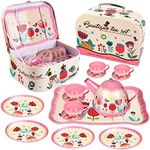 Tea Set for Girls,Kids Tea Party Set 15 PCS Pink Tin Tea Party Set for Toddlers Princess Tea Time Pretend Toy with Carrying Case,Kids Kitchen Pretend Play for 3 4 5 year old girl gifts