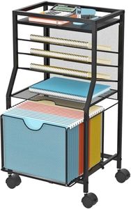 BOHDK Rolling File Cart, 6-Tier Desk File Organizer on Lockable Wheels, Black Wood Planks & Mesh Sliding Hanging Folder Drawer, Organization Cart for Office Home School