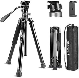 NEEWER 61.4" Video Travel Tripod with +/-10° Leveling Base Fluid Head (⌀37mm), Compact Metal Camera Tripod Stand with Quick Release Reversible Legs & Detachable Center Column, Arca Plate, TP61