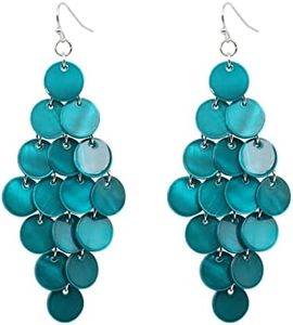 Jules D. Layered Dangling Shell Disc Beads Earring Handmade Multi Colorful Orange Red Blue Drop Chandelier Earring for Women (Blue Green)