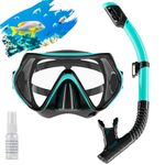 Snorkel Set Adults, Scuba Snorkelling Packages with 180° Panoramic Anti-Fog Tempered Glass Snorkel Mask, Leak Proof Dry Top Snorkel for Snorkeling Diving Swimming with Anti Fog Spray(Green)