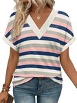 WIHOLL Blouses for Women Dressy Casual Short Sleeve Tops V Neck Shirts Business Clothes Blue Pink Stripes 2XL