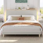 Bestier Queen Corduroy Upholstered Bed Frame with Adjustable Vertical Channel Tufted Headboard, LED Platform Bed with Storage Shelf, Solid Wood Slat Support, No Box Spring Needed, No Squeak(Cream)