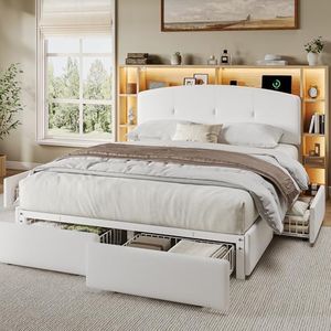 Einhomn Full Bed Frame with 5-Tier Storage Headboard & 4 Large Drawers, Curved Velvet Upholstered Platform Bed Frame with Charging Station & LED Lights, Heavy Duty Slats Support, Noise-Free, White