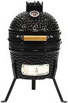 VESSILS Kamado Charcoal BBQ Grill Heavy Duty Ceramic Barbecue Smoker and Roaster with Built-in Thermometer and Stainless Steel Grate (13 Inch Stand, Black)