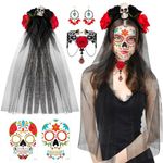 Hifot 5 Pieces Dead Bride Costume Women,Gothic Bride Veil Headband Lace Rose Necklace Skeleton Earrings Face Temporary Tattoos Day of The Dead Costume Adult Halloween Costumes Women