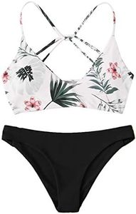 SweatyRocks Women's Sexy Bathing Suit Floral Print Cross Back Bikini Set Swimsuits White Black-3 M