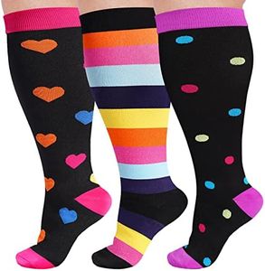 LOUSGUTA 3 Pack Plus Size Compression Socks for Women & Men 15-20 mmhg Wide Calf Support knee high Socks, Multicoloured B, 3X-Large-4X-Large