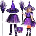 Bonuci 5 Pcs Light up Halloween Witch Costume Set Include LED Witch Hat Broom Tutu Striped High Stockings Candy Bag for Dress up Cosplay Party Accessories Kids Girls