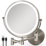 GREENFROM Rechargeable Wall Mounted Makeup Mirror Brushed Nickel, 8.5'' Magnifying Mirror with Lights Double-Sided 1X/10X 360° Rotation Extension Bathroom Shaving Mirror with Foldable Arm