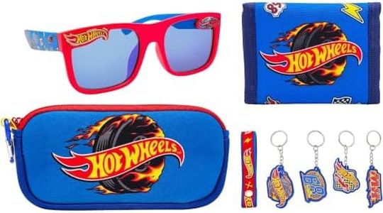 ARKAID Hot Wheels 8 Pc Gift Set for Kids | Boys Wallet, Sunglasses, Soft Carrying Case, & Keychain with 4 Official Hot Wheels Charms, 100% UV, Great for Hot Wheels Fans