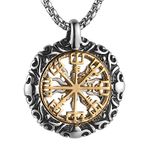 HZMAN Viking Vegvisir Norse Compass Stainless Steel Necklace Double-Sided Hollow Engraving Sun Totem Pendant Norse Amulet Jewelry (Silver Gold)