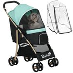 PawHut Dog Stroller with Rain Cover, Foldable Dog Pram, 4 Wheels Pet Pushchair with Safety Leashes, for Small, Miniature Dogs, Cats - Green