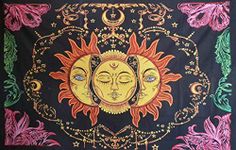 NOKHWAL Tapestry Wall Hanging Sun Moon Tarot Tapestry Handmade Printed Design Cotton Wall Hanging Tapestry Wall Hanging Wall Décor Poster (C, 84x54 Inches)