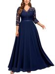 Miusol Women's Formal Floral Lace V Neck Plus Size Bridesmaid Party Maxi Dress, Navy Blue, 4X-Large Plus