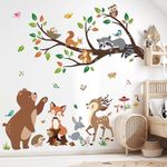 decalmile Woodland Animal Tree Branch Wall Decals Bear Fox Deer Forest Wall Stickers Kids Room Baby Nursery Bedroom Wall Decor