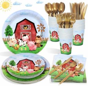 Heboland Watercolor Farm Birthday Party Supplies Plates Set for 25 Guests,125 Pieces Paper Plates Napkins Cups Tableware for Barnyard Farm Animals Themed Party Decorations