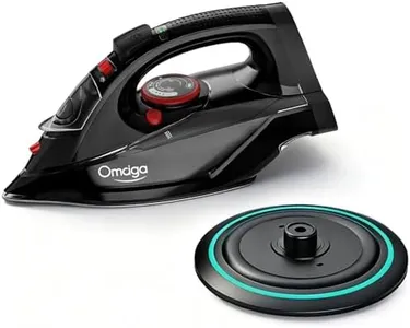 OMAIGA Cordless Iron for Clothes, 1500W Steam Iron Rapid Heating, Ceramic Soleplate, Auto Shut Off, Self-Clean, Anti-Calc, 3 Temperature Settings, 11.84oz Water Tank Ironing Clothes for Home, Black