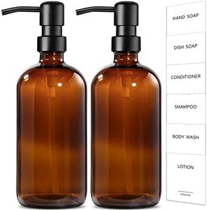 GMISUN Amber Glass Soap Dispenser, 2 Pack Bathroom Hand Soap Dispenser with Stainless Steel Pump, 16 Oz Kitchen Hand and Dish Soap Dispenser Set, Modern Vintage Liquid Brown Soap Dispensers Bottle