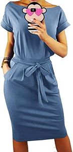 PRETTYGARDEN Women's Summer Short Sleeve Crewneck Striped Dress Basic Solid Tie Waist Office T Shirt Dresses Pockets(Light Blue,X-Large)