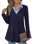 SeSe Code Women's Long Sleeve Contrast Collar Shirt A-line Pleated Office Tunic - Blue - X-Large