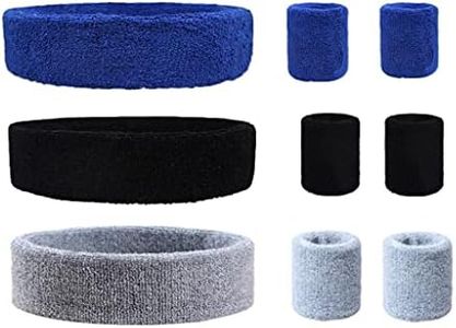 SUSU BLOCK 9 Pieces Sweatbands Set, Includes 3 Pieces Sports Headband and 6 Pieces Cotton Wristbands (Blue+Grey+Black) for Men and Women Athletic Bands for Basketball, Tennis, Working Out
