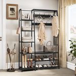 YITAHOME Coat Rack Stand with Shoe Storage, Free Standing Hall Tree with Bench Industrial Coat Rack with 9 Hooks and 5 Shelves Clothes Rail for Bedroom Living Room Hallway Entryway, Black