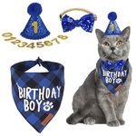 ADOGGYGO Cat Birthday Party Supplies, Birthday Boy Plaid Cat Bandana Cute Cat Bowtie, Cat Birthday Hat with Numbers, Pet Birthday Outfit for Cat Kitten (Blue)