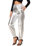 Allegra K Women's Metallic Trousers Shiny Sparkle Elastic Waist Holographic Pants Silver S