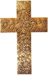 Purpledip Wooden Wall Cross: Handmade Mangowood Plaque With Embossed Metal Sheet, Gold (11445)