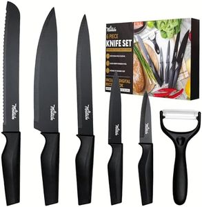 La Moustache - Juego de 5 Cuchillos de Cocina Afilados, Antiadherentes, Inoxidables y Esmaltados con Pelador, Diseño Profesional y Ergonómico, Buena Resistencia al Calor y al Desgaste (Negro)