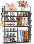 Finew Shoe Rack 7 Tiers, Metal Shoe Storage Organiser for Entryway Closet, Holds 24-28 Pairs Shoes Boots, Stand Shoe Shelf Cabinet with Hooks & Side Hanging Pockets for Hallway Bedroom Garage - Black