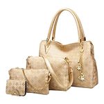 Pahajim Handbags for Women Ladies Bags Sets PU Leather Top Handle Bags Medium Hand Bag with Zip Womens Handbag and Purse Set 4 Piece for Work Office Shopping Party（Gold）