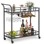 VASAGLE Bar Cart Black, Home Bar Serving Cart, Wine Cart with 2 Mirrored Shelves, Wine Holders, Glass Holders, for Kitchen, Dining Room, Black ULRC090B62